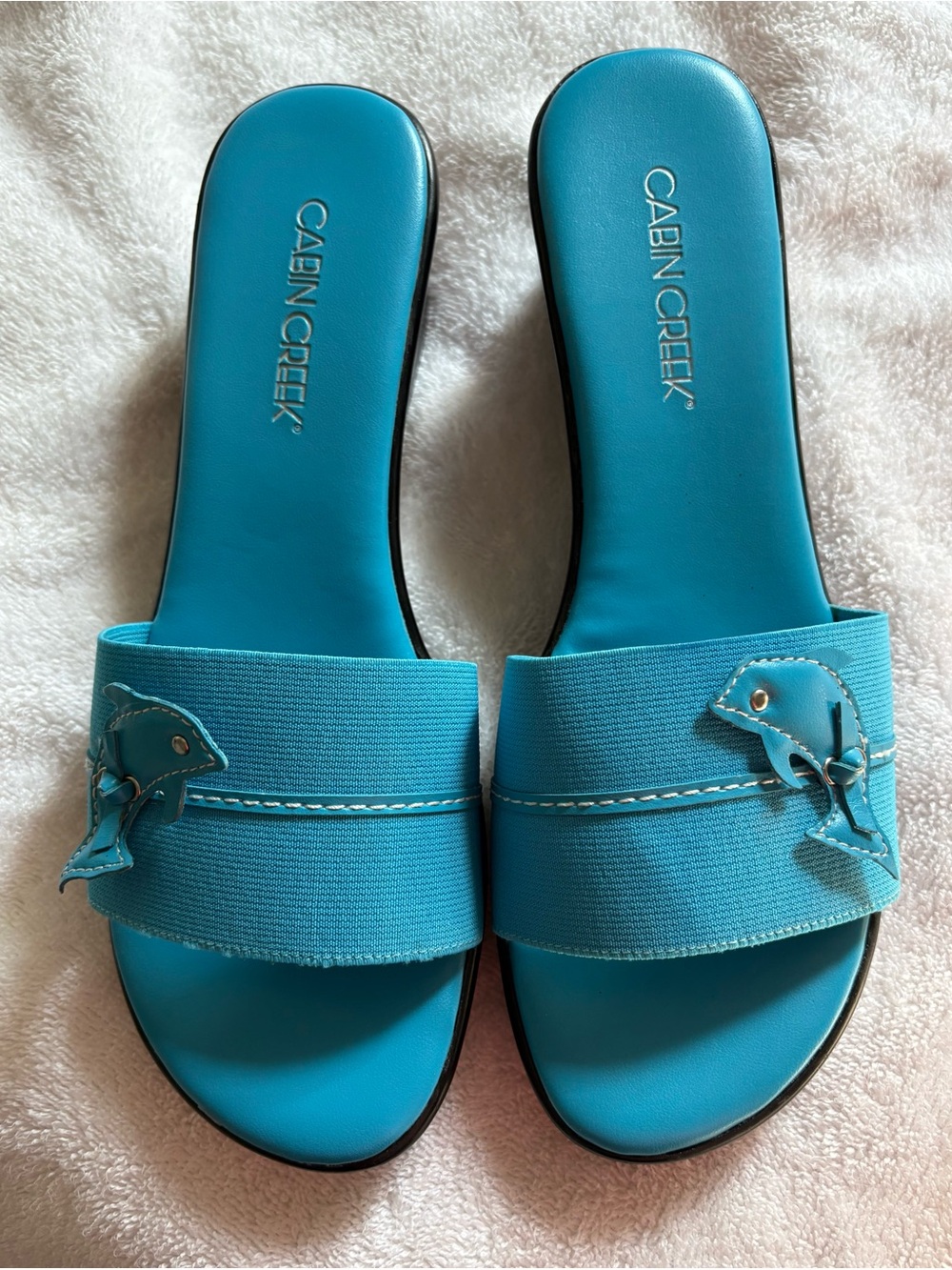 Cabin Creek Turquoise Slide Sandals with Dolphin Accent